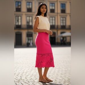 House of Harlow 1960 Vibrant Pink Cotton Knit Crochet Midi Skirt M